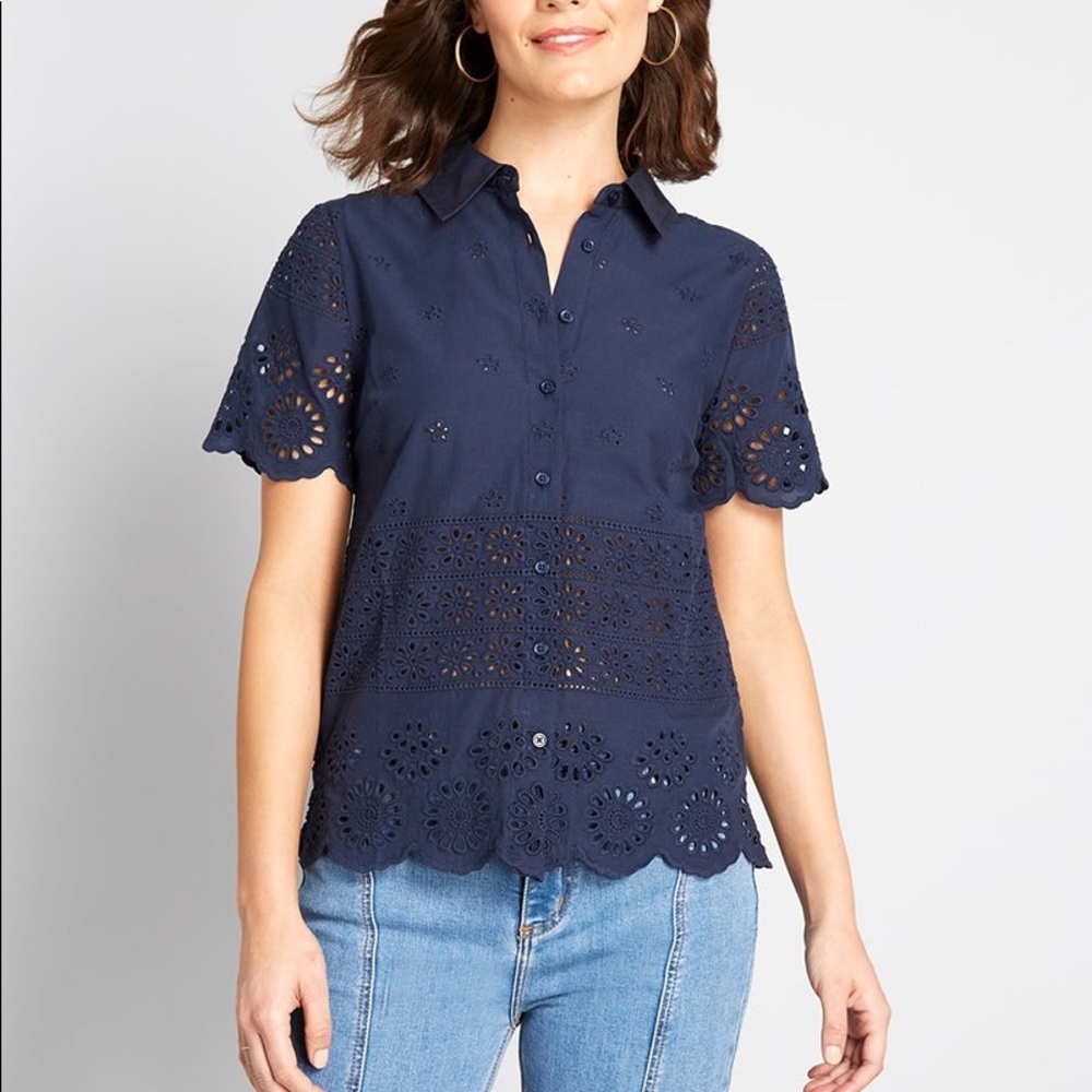 ModCloth Navy Eyelet Success top